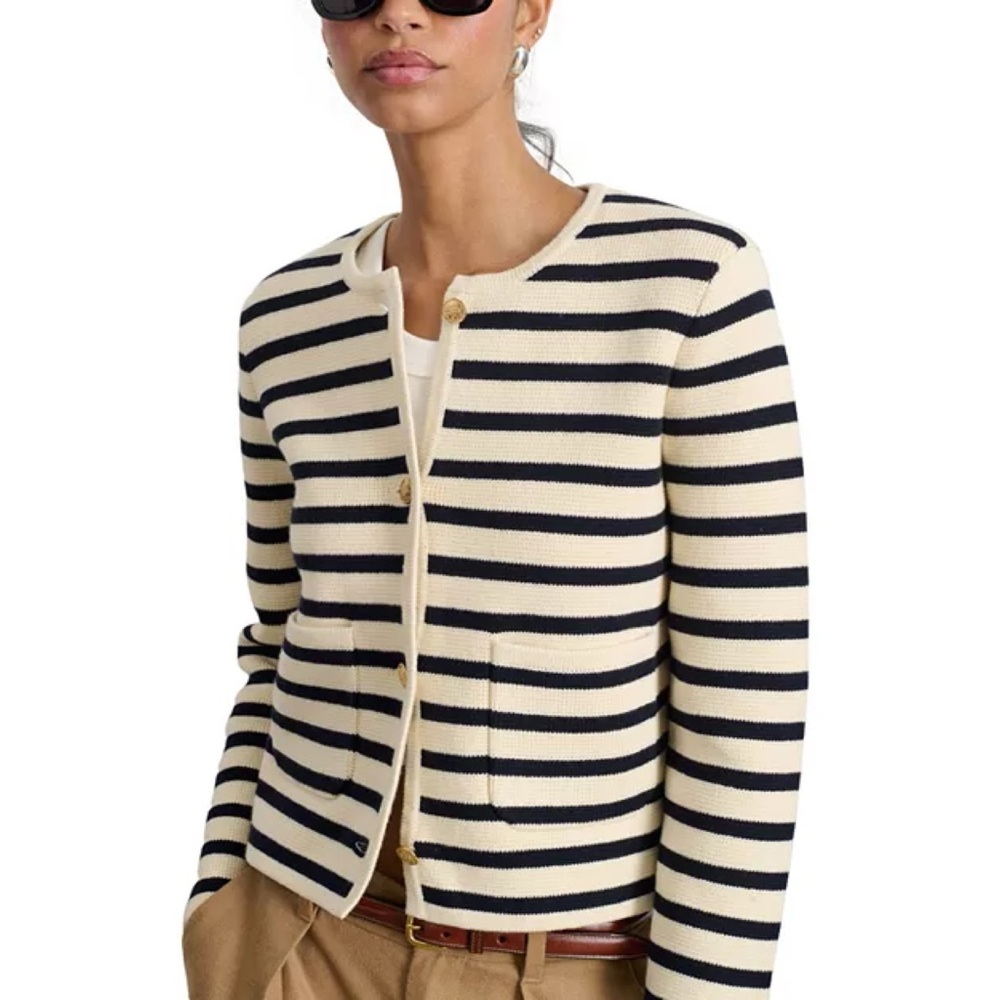 Alex Mill Paris Cotton Cashmere Striped Crewneck Jacket In Cream Navy NWT Size M